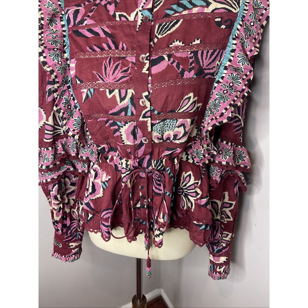 Farm Rio Womens Pineapple Inspiration Burgundy Ruffled Blouse Large - Picture 8 of 11